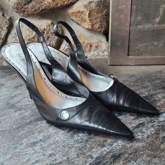 BCBGirls Shoes - BCBGirls Black Jeweled Leather Slingbacks Size 8B